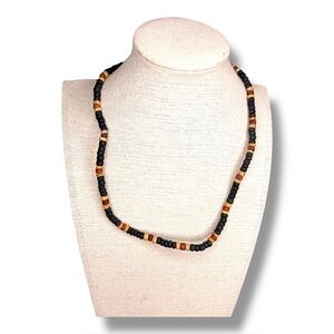 Wood Beaded Necklace Tribal Boho Bohemian Black Red Beige 18” Length